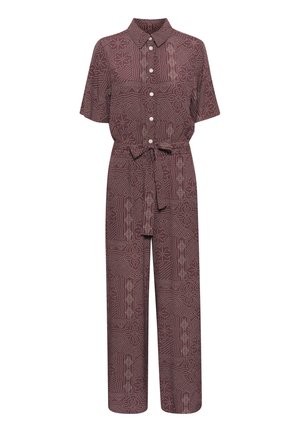 Burgundy patterned jumpsuit with short sleeves, a collar, front buttons, a tied waist, and a loose, wide-leg design.