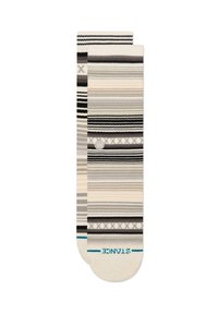 Calcetines rayados en beige, gris y negro, con una mezcla de patrones horizontales y verticales; incluye un pequeño logo en el diseño.