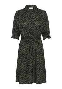 Robe boutonnée en vert foncé avec des motifs de feuilles noires, manches courtes ballon, taille cintrée avec une ceinture, jupe fluide, tissu léger.