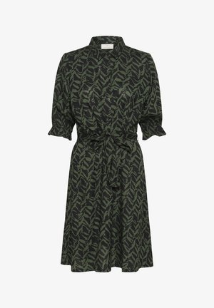 Button-up dress in dark green with black leaf patterns, short puff sleeves, cinched waist with a tie, flowing skirt, lightweight fabric.