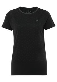 Svart atletisk t-shirt med korta ärmar, med ett subtilt pilmönster, rund halsringning och en figurnära design. Framträdande slät textur.