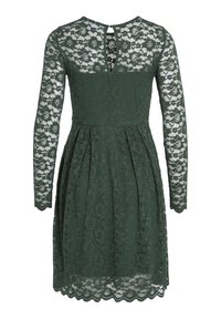 Robe vert foncé longueur genou avec manches longues en dentelle, motif floral en dentelle, dos à ouverture en goutte d'eau et ourlet festonné.