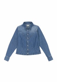 Blå denimjakke med knappelukking foran, spiss krage, lange ermer, brystlommer og en fitted design med sømdetaljer.