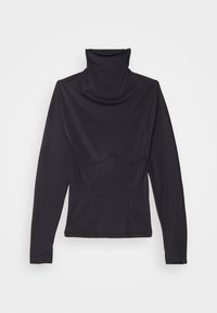 Svart långärmad topp med hög krage, figursydd form, mjuk textur och böjda sömmar, passar för olika tillfällen.