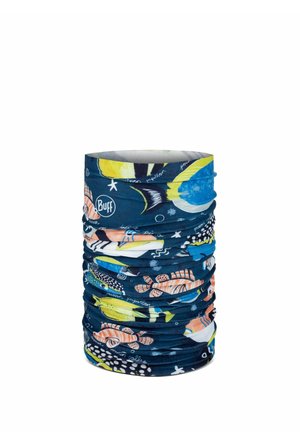 Multicolored tubular buff neck gaiter with fish and sea life patterns on a dark blue background, branded with "Buff" logo.
