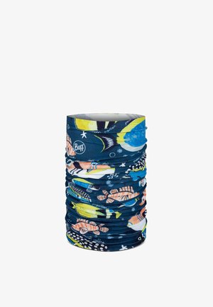 Multicolored tubular buff neck gaiter with fish and sea life patterns on a dark blue background, branded with "Buff" logo.