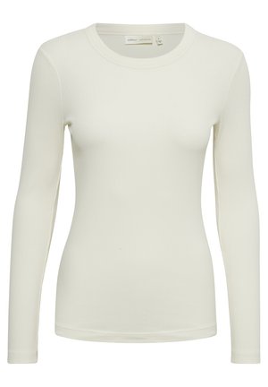 Halenka s dlouhým rukávem v off-white barvě, s kulatým výstřihem a přiléhavým střihem. Vyrobena z měkkého, hladkého materiálu s jemnou texturou.