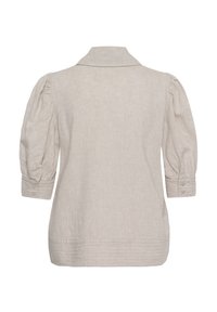 Blouse en lin beige avec manches trois-quarts bouffantes, poignets boutonnés et col plat, vue de dos.