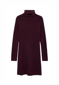 Robe col roulé bordeaux à manches longues, texture côtelée et silhouette ajustée. Tissu lisse, longueur aux genoux, accents minimaux.