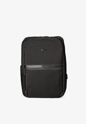 Zwarte rugzak gemaakt van textuurstof met een glad voorpaneel, met een logo, ritsen en een slank ontwerp. Inclusief zijzakken.