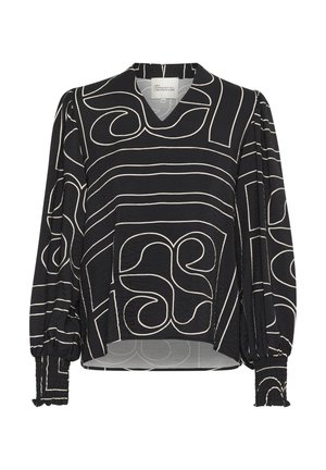 Crna bluza dugih rukava s bijelim apstraktnim uzorkom, V-izrez, nabirane rukave i opušteni kroj za udoban izgled.