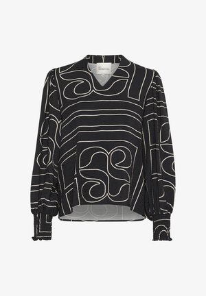 Crna bluza dugih rukava s bijelim apstraktnim uzorkom, V-izrez, nabirane rukave i opušteni kroj za udoban izgled.