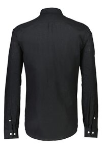 Zwarte longsleeve shirt, gemaakt van een gestructureerd materiaal, met een button-down kraag en witte knopen op de manchetten en de sluiting.