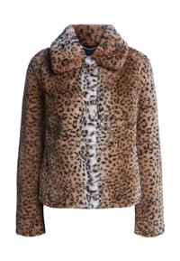 Veste en fausse fourrure imprimé léopard avec col, fermeture à boutons sur le devant et manches longues. Présente une texture douce et un motif tacheté distinct.