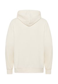 Cremfarbener Hoodie mit Kordelzugkapuze, gerippten Bündchen und Saum. Glatte Textur, keine sichtbaren Muster oder Akzente, von hinten präsentiert.
