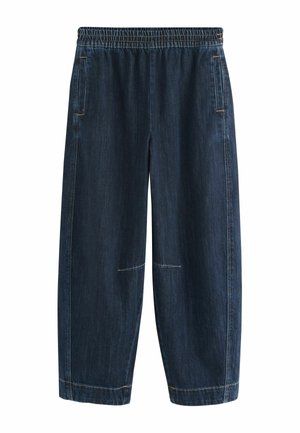 Donkerblauwe spijkerbroek met elastische tailleband, zijzakken, losse pasvorm en rechte pijpen.