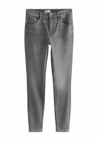 Skinny jeans in grijs denim, met een klassiek vijf-pocket ontwerp, knoopsluiting en subtiele vervaging over de stof voor textuur.