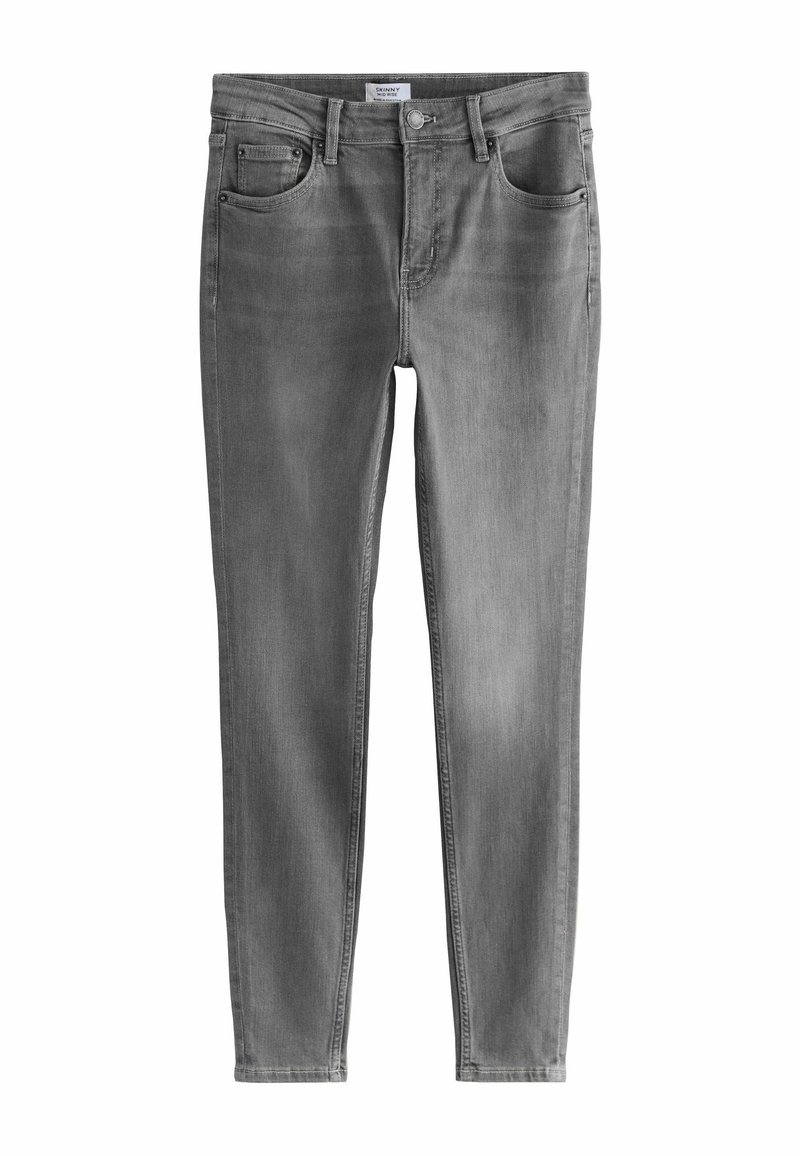 Skinny jeans in grijs denim, met een klassiek vijf-pocket ontwerp, knoopsluiting en subtiele vervaging over de stof voor textuur.