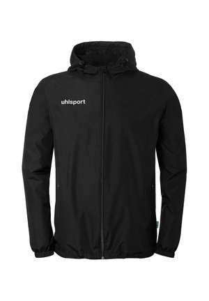 Schwarze Sportjacke mit Kapuze und Reißverschluss, elastischen Bündchen und weißem "uhlsport"-Logo auf der linken Brust.