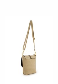 Beige Wildleder Umhängetasche mit goldenen Beschlägen, einer flachen Oberklappe und einfachem Design. Verstellbarer Riemen und kontrastierende Akzentdetails.