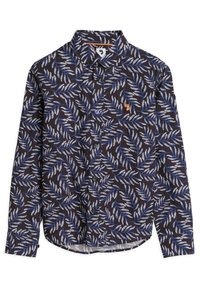 Lange mouwen shirt met een donkere achtergrond en blauwe en witte bladerenpatronen, knoopsluiting aan de voorkant en een klein logo accent in de buurt van de borst.