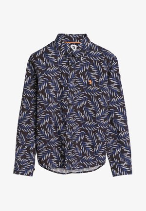 Lange mouwen shirt met een donkere achtergrond en blauwe en witte bladerenpatronen, knoopsluiting aan de voorkant en een klein logo accent in de buurt van de borst.
