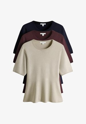 Three short-sleeve knit tops in beige, dark burgundy, and navy, layered front to back, all with crew necks and medium size tags.