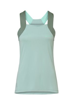 Haut de sport sans manches vert clair avec larges bretelles vert foncé et un design croisé dans le dos.