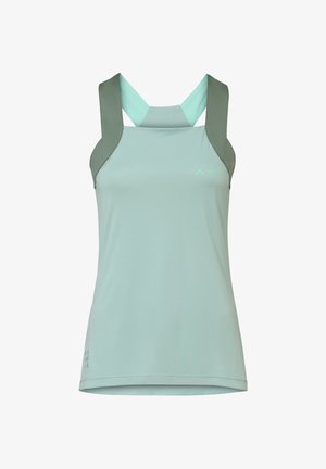 Haut de sport sans manches vert clair avec larges bretelles vert foncé et un design croisé dans le dos.