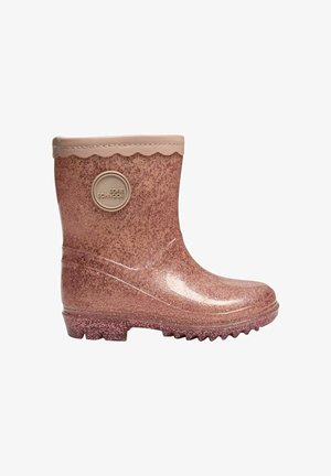 Roosa sädelev vihmavaat selgusega ning ümmarguse beeži logomärgiga valgel taustal.