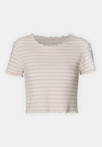 T-shirt a maniche corte, cropped, realizzato in tessuto testurizzato, con righe orizzontali bianche e violacee chiare e un collo e un orlo a scallop.