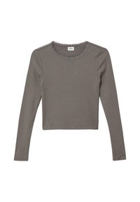 Langärmliges graues geripptes Crop-Top mit einem runden Kragen, der mit Spitzenverzierungen eingefasst ist.