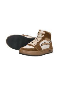 Hoge sneakers met een bovenkant van bruin suede en witte accenten, ronde neus en een gestructureerde rubberen zool. Veters en een logo-detail aan de zijkant zijn inbegrepen.