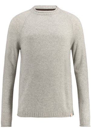 Pull en tricot gris clair avec un col rond, des manches raglan longues et des bords-côtes aux poignets et à l'ourlet. Caractérisé par un détail de col intérieur en contraste.