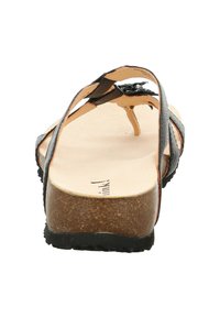 Schwarze Leder-Zehentrenner mit Korksohle, verstellbarem Riemen und strukturiertem Fußbett. Verfügt über ein minimalistisches Design und glatte Kanten.