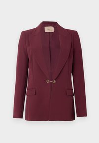 Bordeaux op maat gemaakte blazer met een notch lapel, twee voorzakken en een gouden dubbele knoopsluiting. Glad materiaal, gestructureerde vorm.