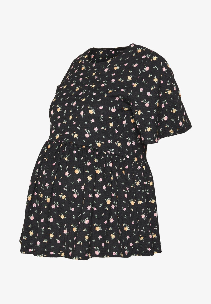 Black short-sleeve maternity top with a floral pattern featuring pink and yellow flowers. Smocked bodice and pleated skirt detailing.