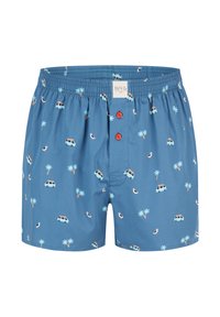 Ljusblå boxerkalsonger med ett mönster av palmer och retrobilar. Har röda knappar och ett elastiskt midjeband. Tillverkade av mjukt tyg.