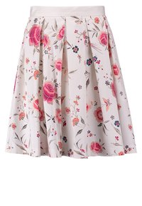 Blumiger Rock mit Falten, aus leichtem Stoff. Besitzt einen weißen Hintergrund mit rosa und blauen Blumen sowie grünen Blättern.