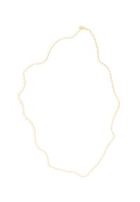 Goldfarbene Halskette mit einem gewellten Design, das entlang des Randes kleine runde Akzente aufweist, aus Metall mit einer glatten Oberfläche gefertigt.
