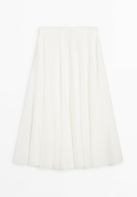 White pleated midi skirt with a fitted waistband, flaring out towards the hem, displayed on a plain white background.