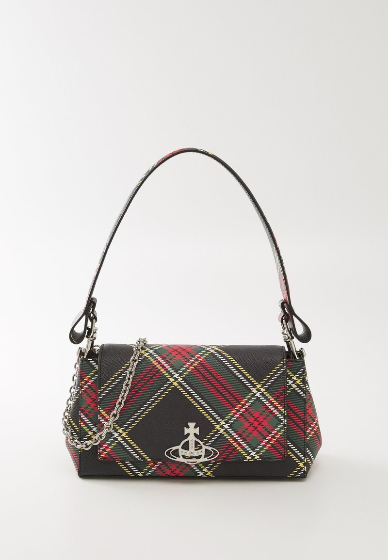 Karo torba z rdečimi, zelenimi in rumenimi vzorci, črn sintetičen material, odstranljiv verižni ročaj in kovinski logotip na sprednji strani.