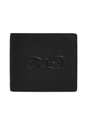 Portefeuille en cuir noir avec une surface texturée. Présente un design de nœud en relief au centre et une silhouette pliée.
