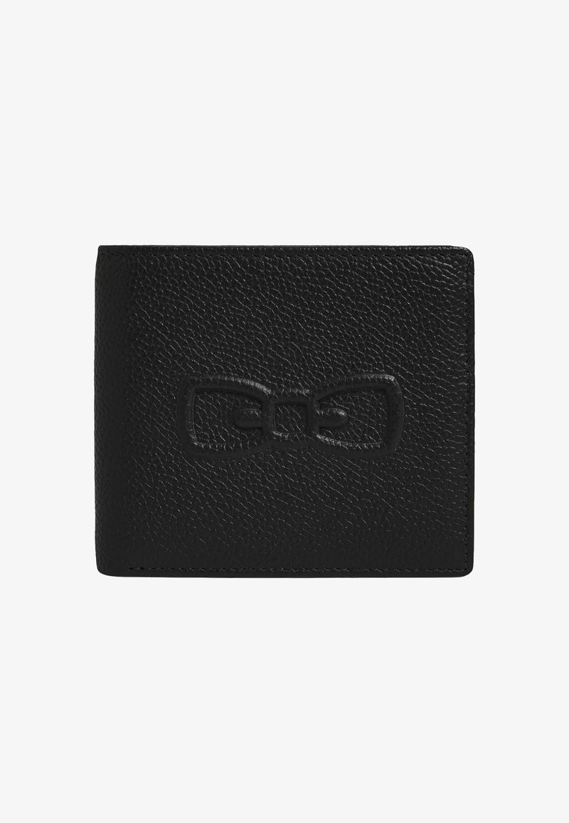 Portefeuille en cuir noir avec une surface texturée. Présente un design de nœud en relief au centre et une silhouette pliée.