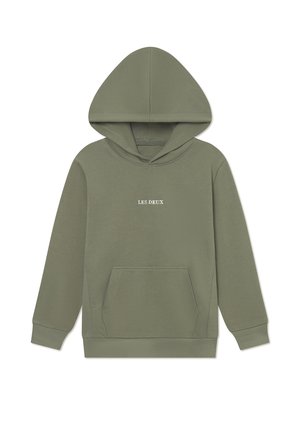 Khaki hooded sweatshirt with a front pocket, featuring a white "LES DEUX" logo, made of soft cotton material. Standard fit and ribbed cuffs.