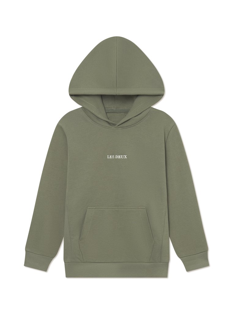 Sweat à capuche kaki avec une poche avant, arborant un logo "LES DEUX" en blanc, fabriqué en coton doux. Coupe standard et poignets côtelés.