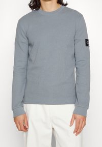 Graues Langarm-Shirt mit Rundhalsausschnitt aus strukturiertem Stoff, mit einem schwarzen Logopatch am linken Ärmel und gerippten Bündchen.