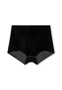 Boxer shorts neri in velluto con texture liscia, caratterizzati da una vita alta e un taglio classico, progettati per comfort e copertura.