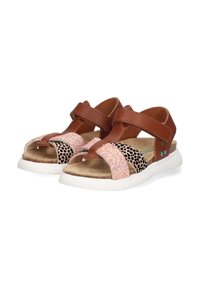 Sandali in pelle marrone con una fascia glitterata rosa e un motivo a pois neri. Chiusura regolabile in velcro e suola in gomma bianca.