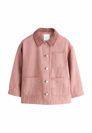 Rosa Jeansjacke mit Kragen, vorderer Knopfleiste und zwei Fronttaschen. Verfügt über sichtbare Nähte und ein Design mit entspannter Passform.